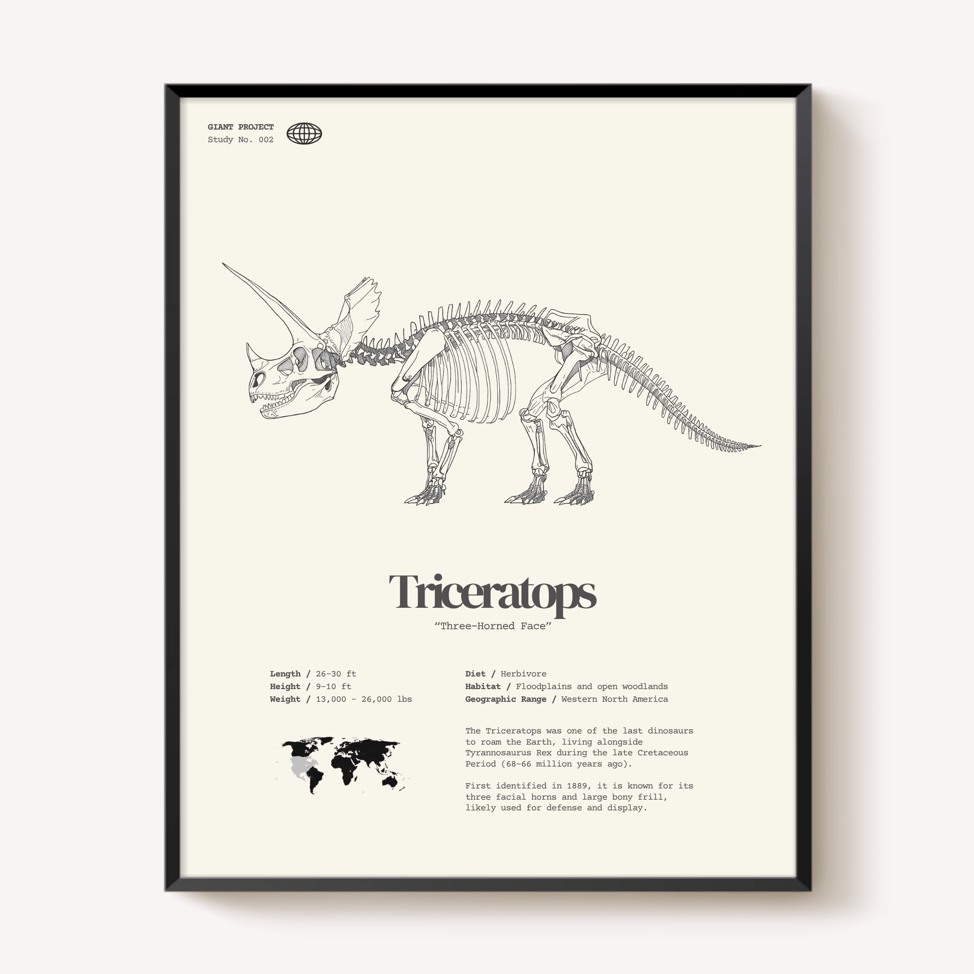 Framed Dinosaur Print Set (3) – T-Rex, Triceratops, Brachiosaurus – 11"x14"