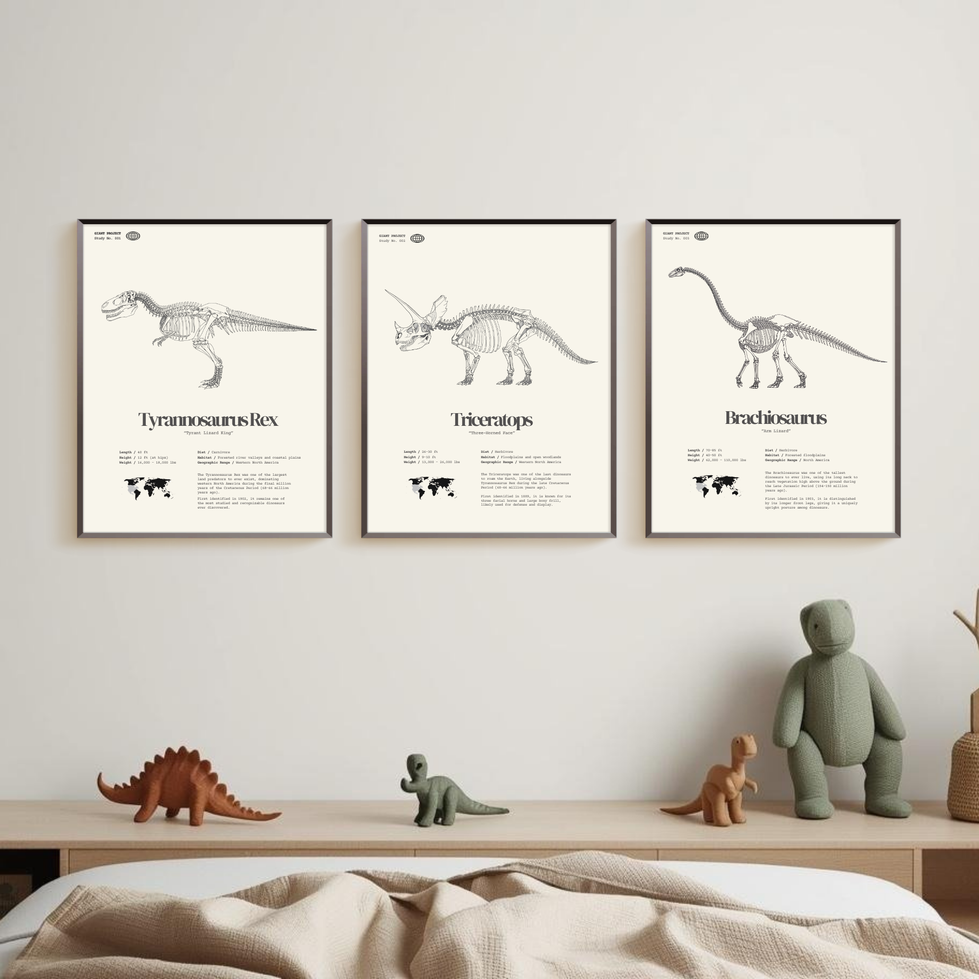 Framed Dinosaur Print Set (3) – T-Rex, Triceratops, Brachiosaurus – 11"x14"